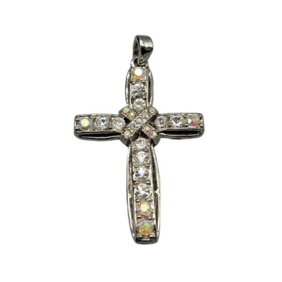 Aurora Borealis Cross Pendant Silver Tone Lots of Sparkle & Color - Picture 2 of 12